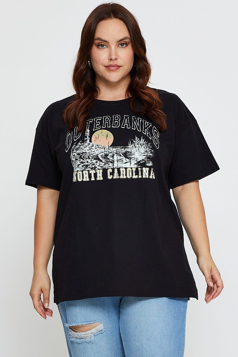 Black Graphic T-Shirt North Carolina Short Sleeve Cotton For Women By You And All