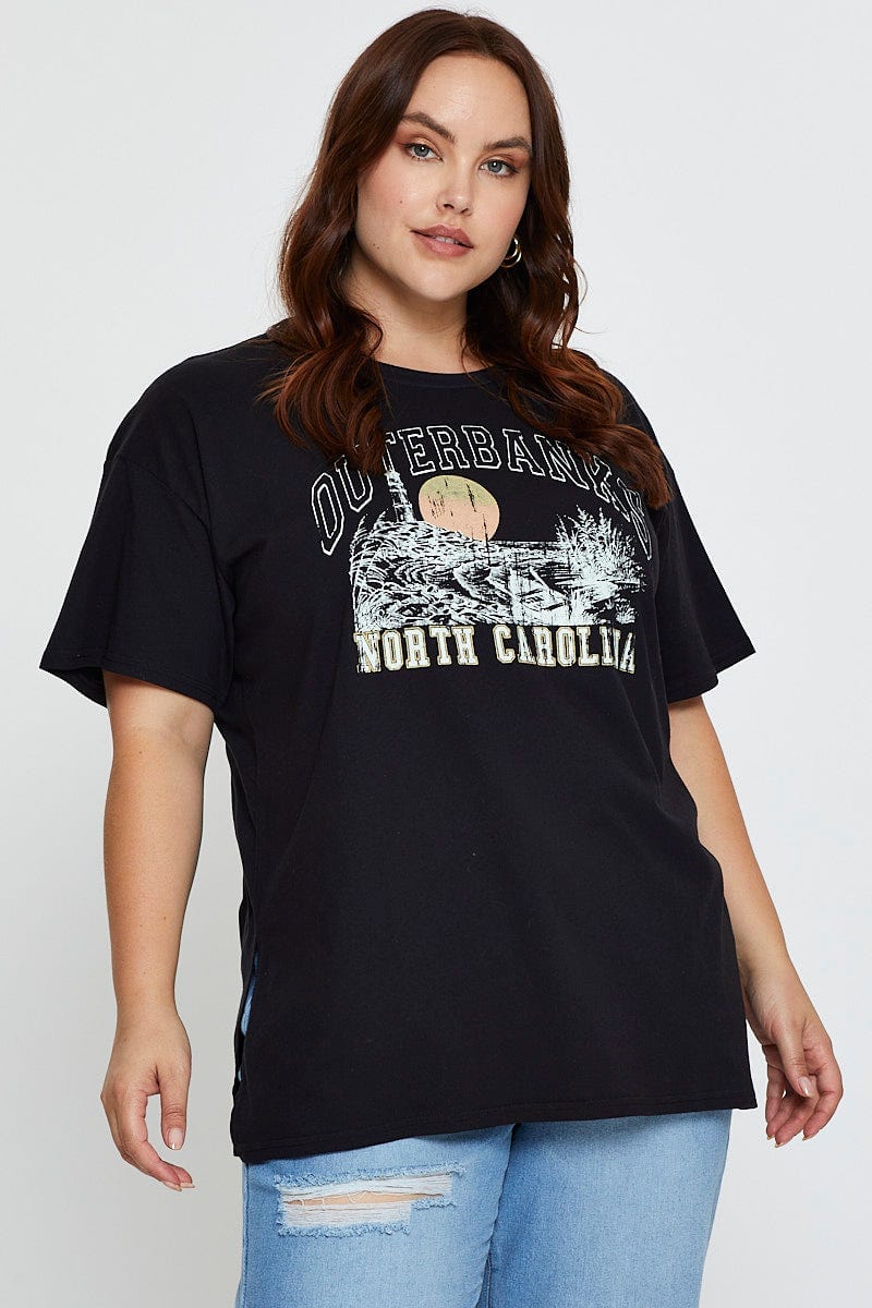 Black Graphic T-Shirt North Carolina Short Sleeve Cotton For Women By You And All