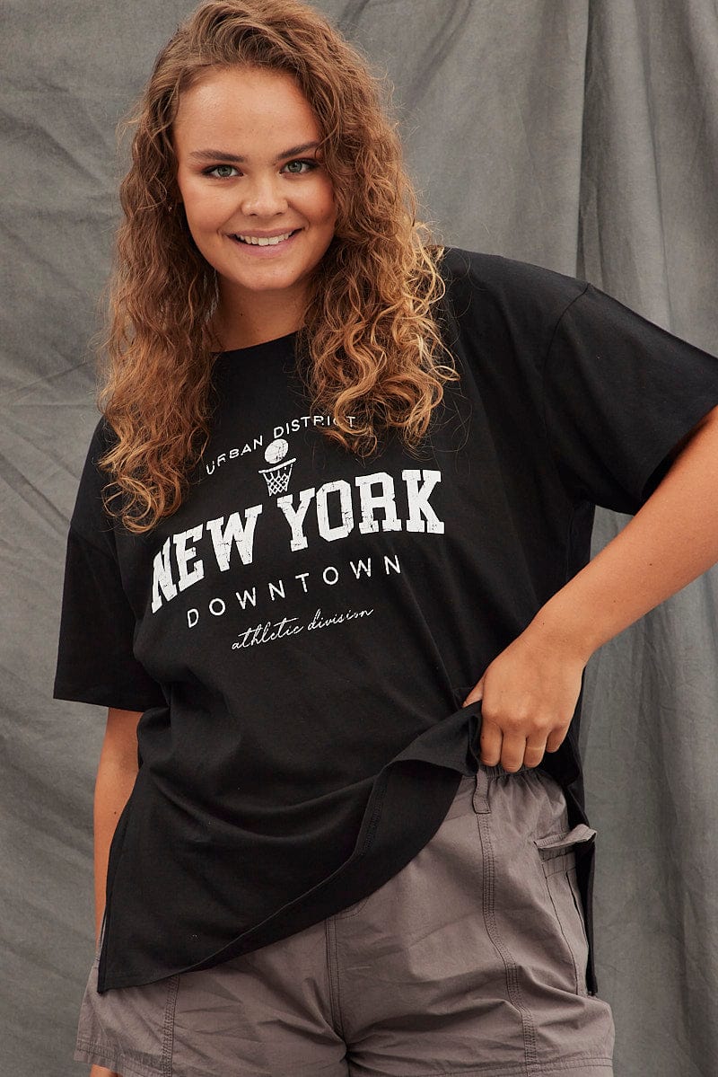 Black Graphic T-Shirt New York Short Sleeve Side Split for YouandAll Fashion