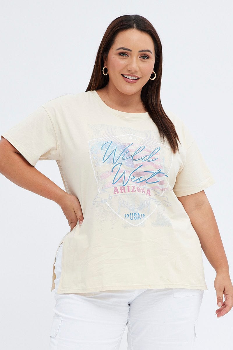 Beige Graphic T-Shirt Wild West Print Longline for YouandAll Fashion