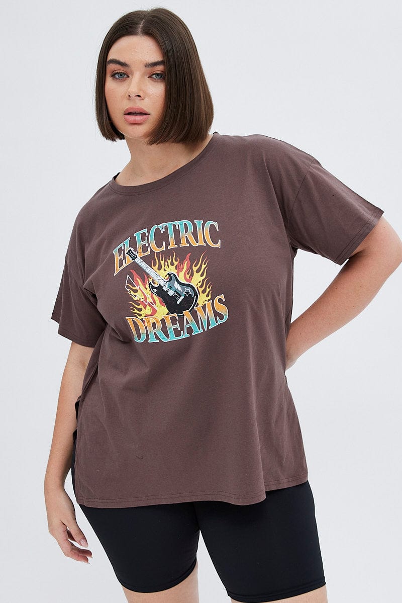 Brown Graphic T-Shirt Electric Dreams Print for YouandAll Fashion