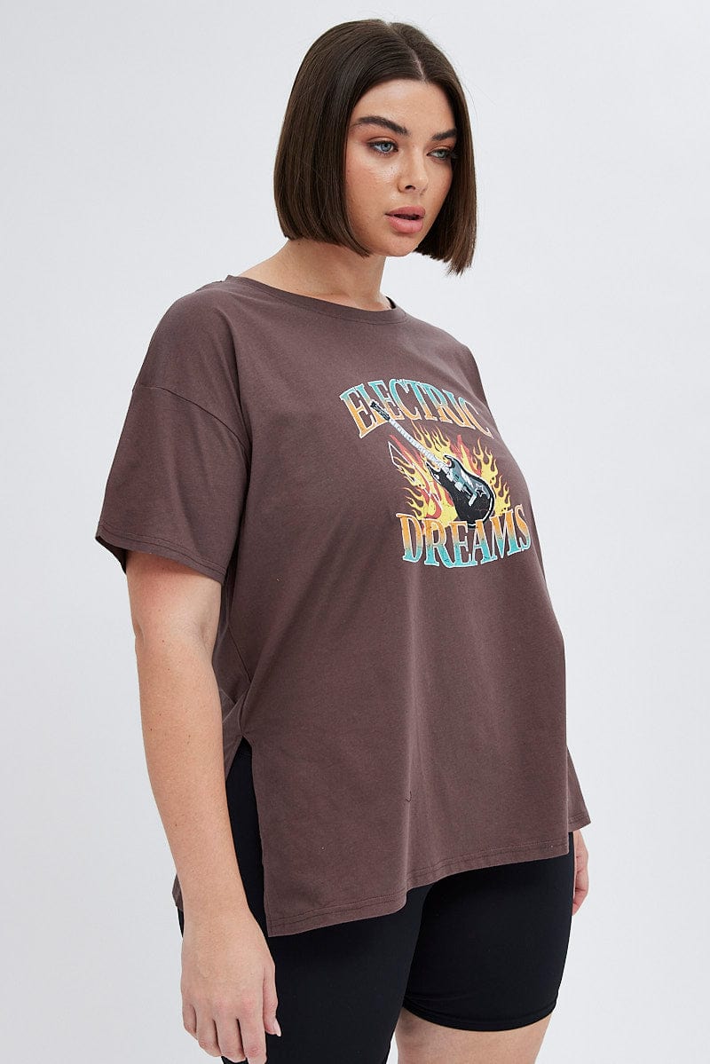 Brown Graphic T-Shirt Electric Dreams Print for YouandAll Fashion