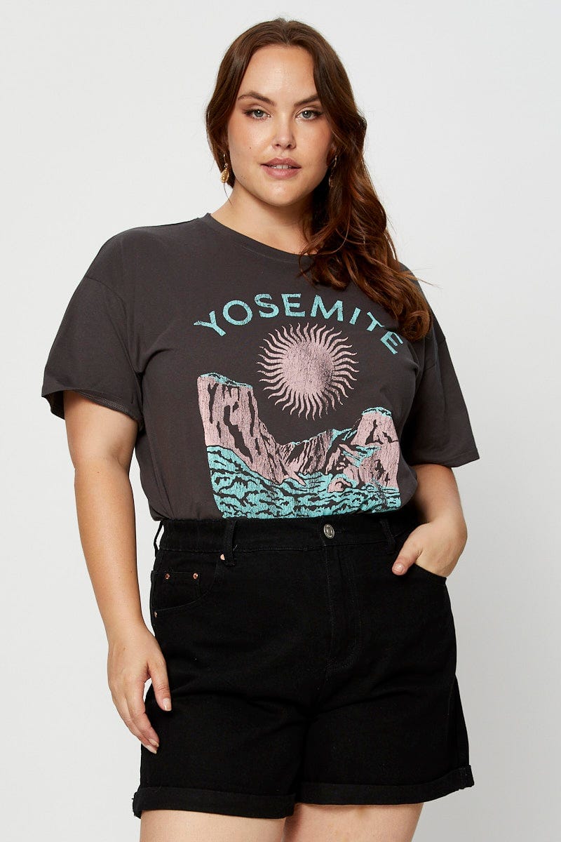 Grey Graphic T-Shirt Yosemite Short Sleeve Cotton For Women By You And All