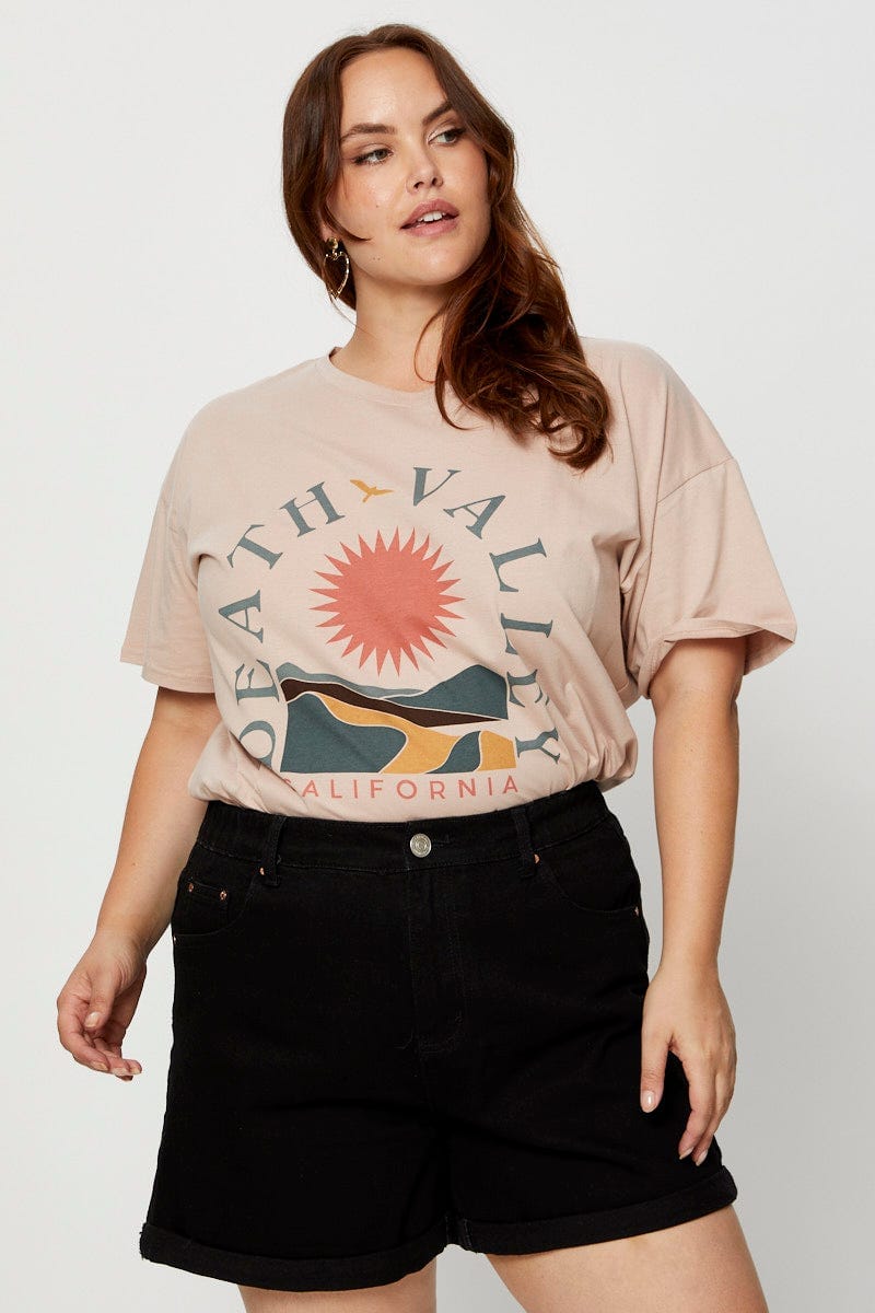 Brown Graphic T-Shirt Valley Short Sleeve Cotton For Women By You And All