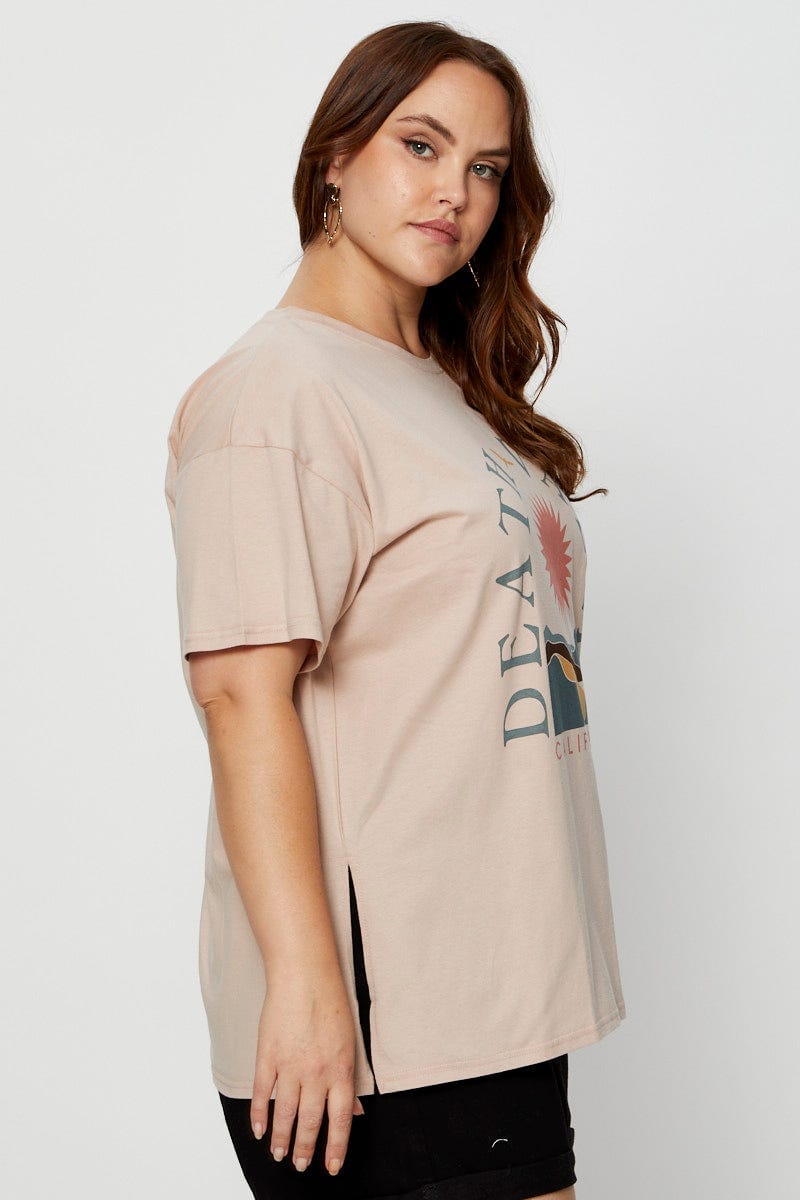 Brown Graphic T-Shirt Valley Short Sleeve Cotton For Women By You And All