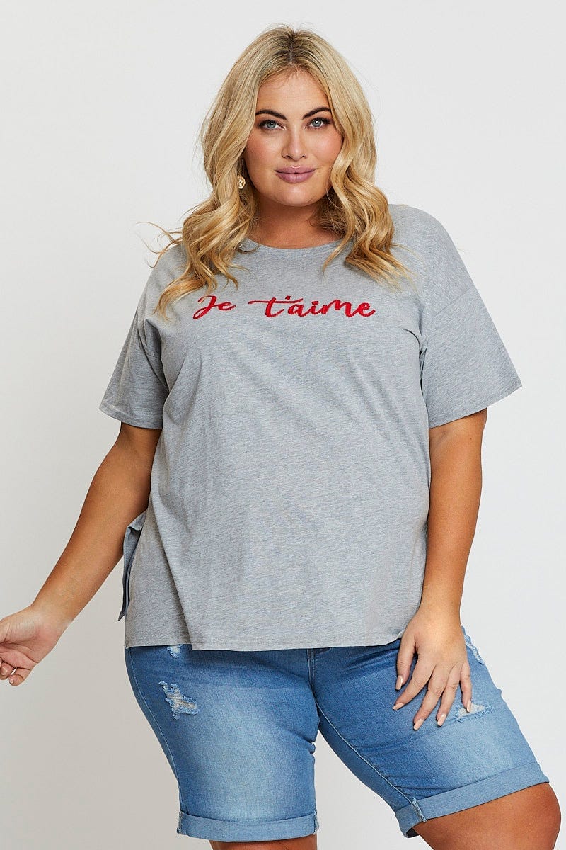 Grey Sleeve T-Shirt Je T'Aime French Embroidered Short For Women By You And All