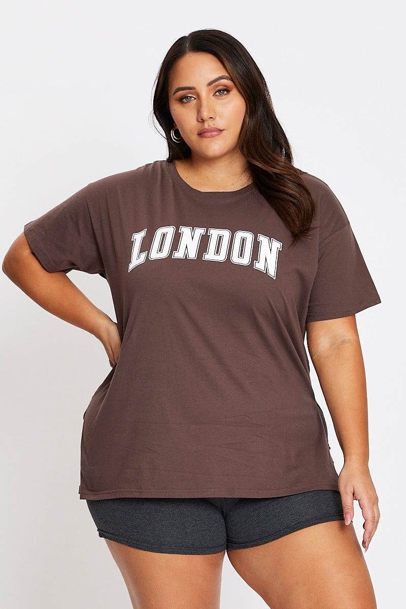 Brown Short Sleeve London Side Split T Shirt For Women By You And All