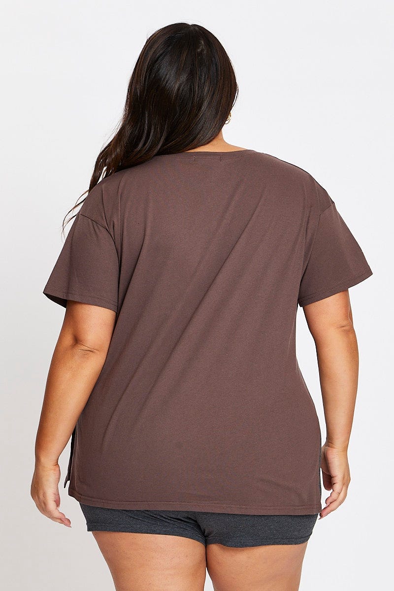 Brown Short Sleeve London Side Split T Shirt For Women By You And All