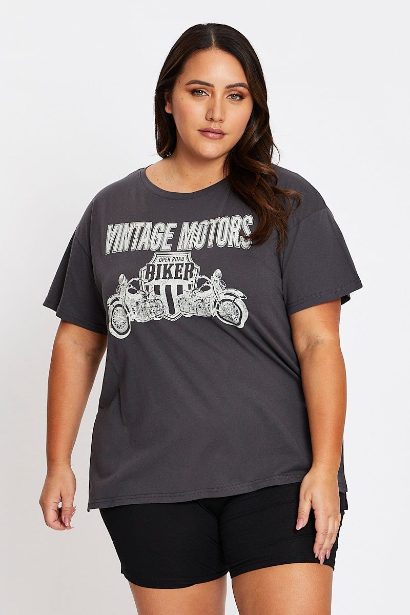 Grey Short Sleeve Vintage Bike Side Split T Shirt For Women By You And All