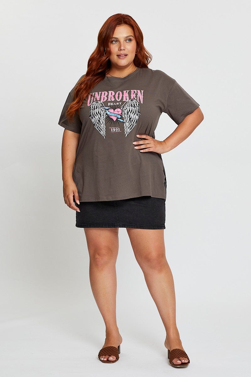 Grey Graphic T-Shirt Unbroken Short Sleeve Cotton For Women By You And All