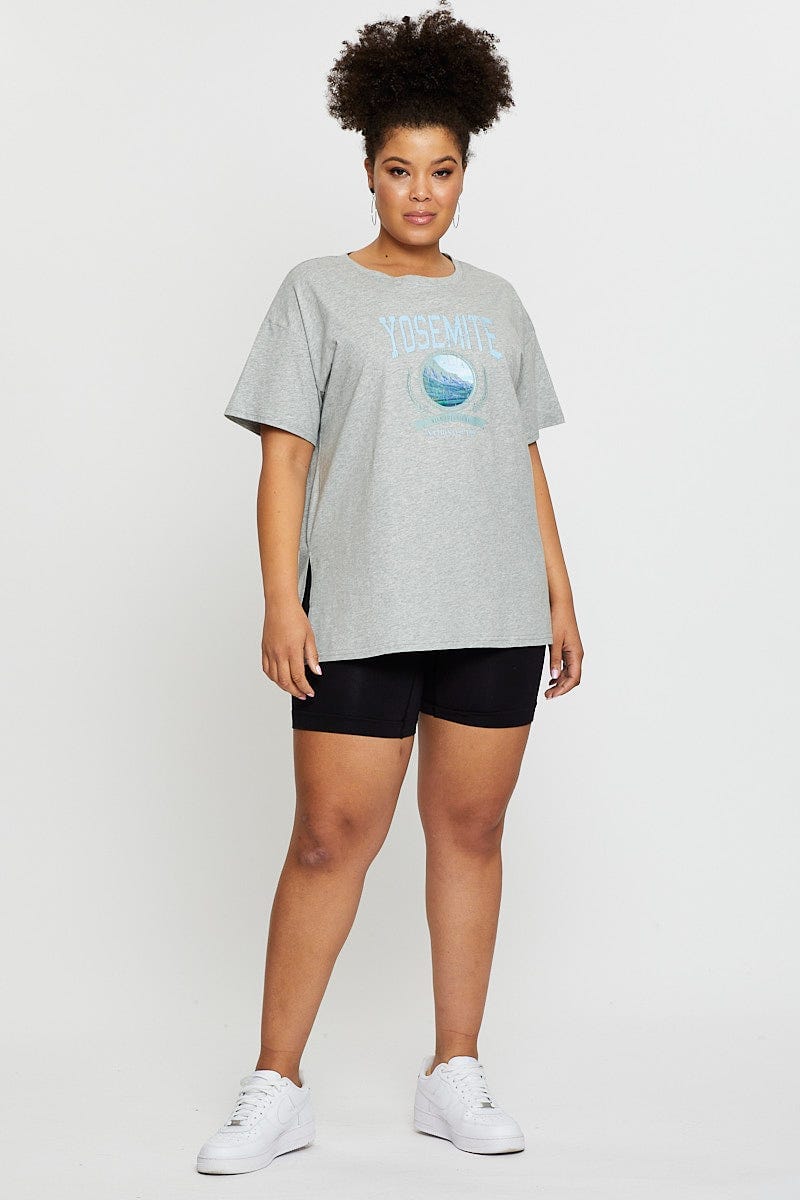Grey Graphic T-Shirt Yosemite Short Sleeve Cotton For Women By You And All
