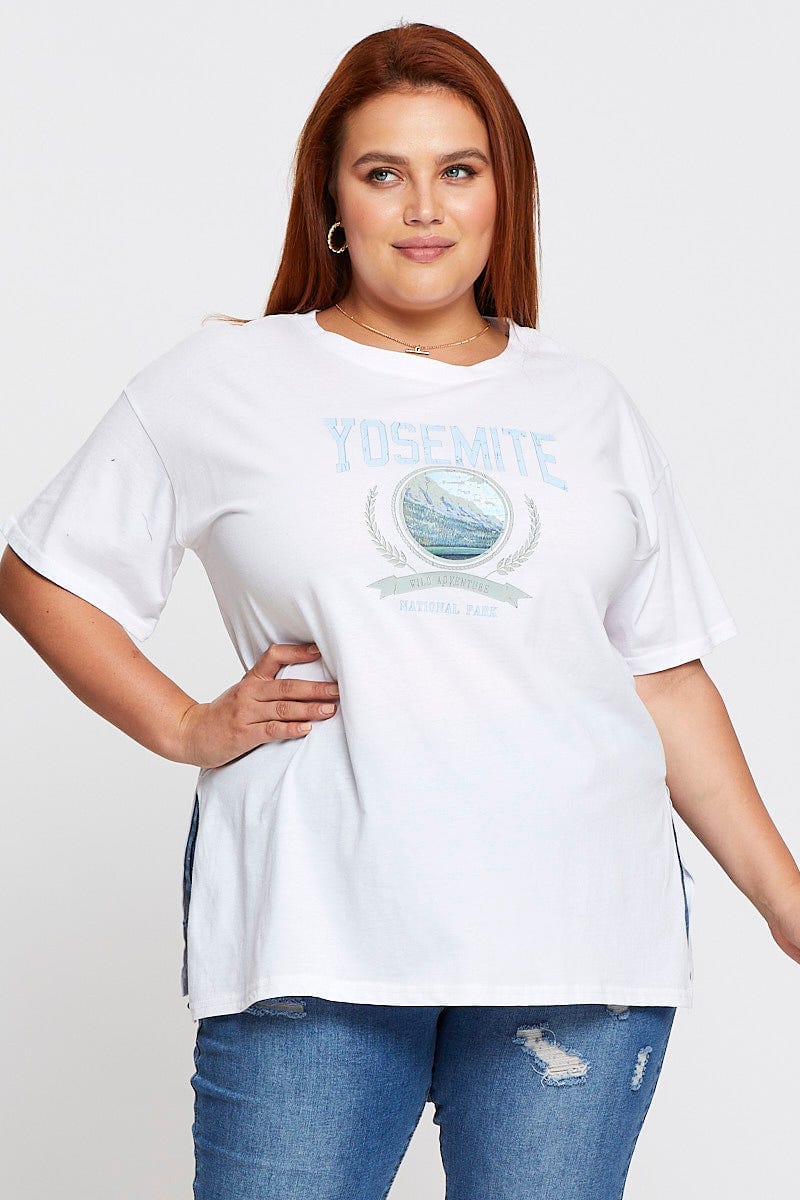 White Graphic T-Shirt Yosemite Short Sleeve Cotton for Women by You and All