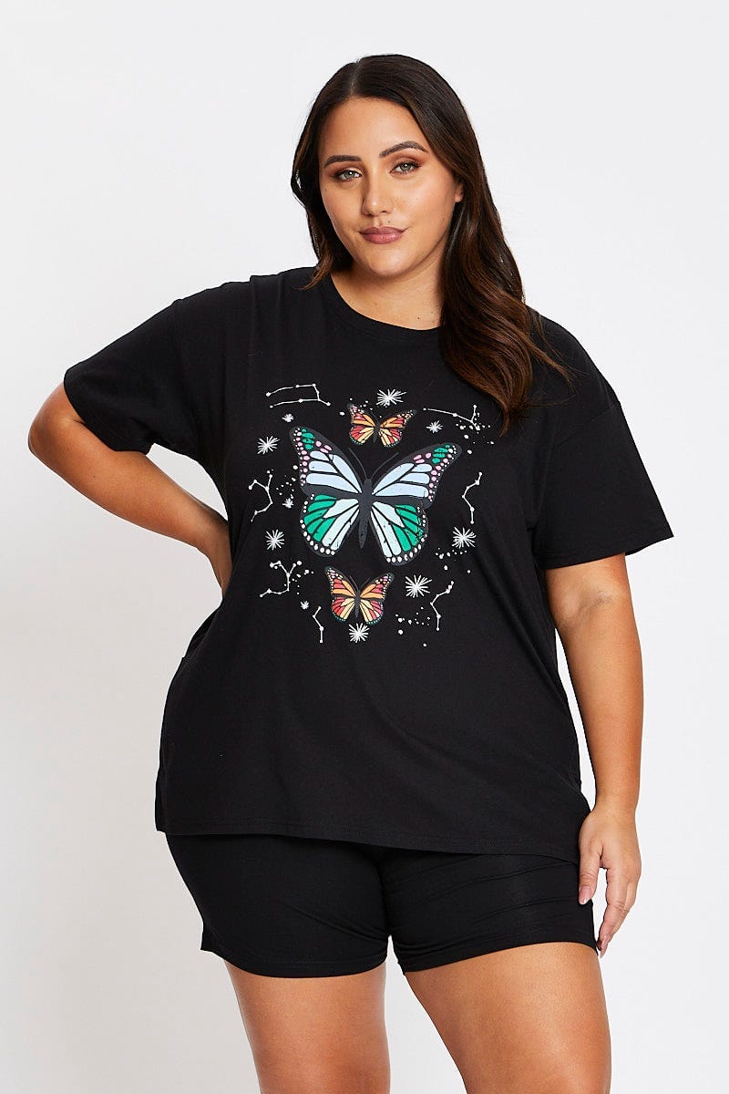 Black Short Sleeve Butterfly Side Split T Shirt For Women By You And All
