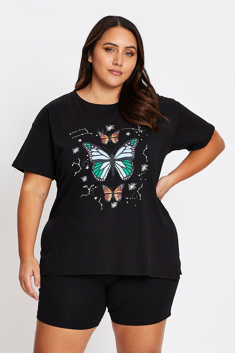 Black Short Sleeve Butterfly Side Split T Shirt For Women By You And All