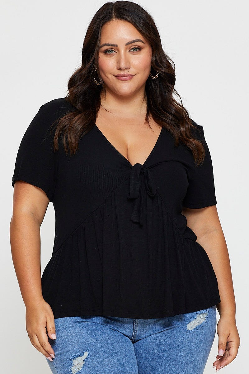 Black Front Top V-Neck Short Sleeve Jersey Tie For Women By You And All
