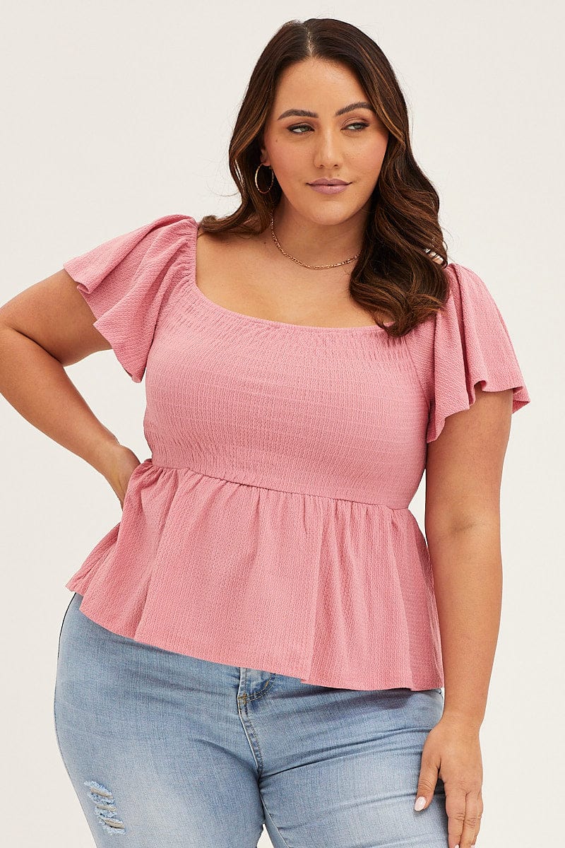 Pink Short Sleeve Jersey Shirred Bust Top for Women by You + All