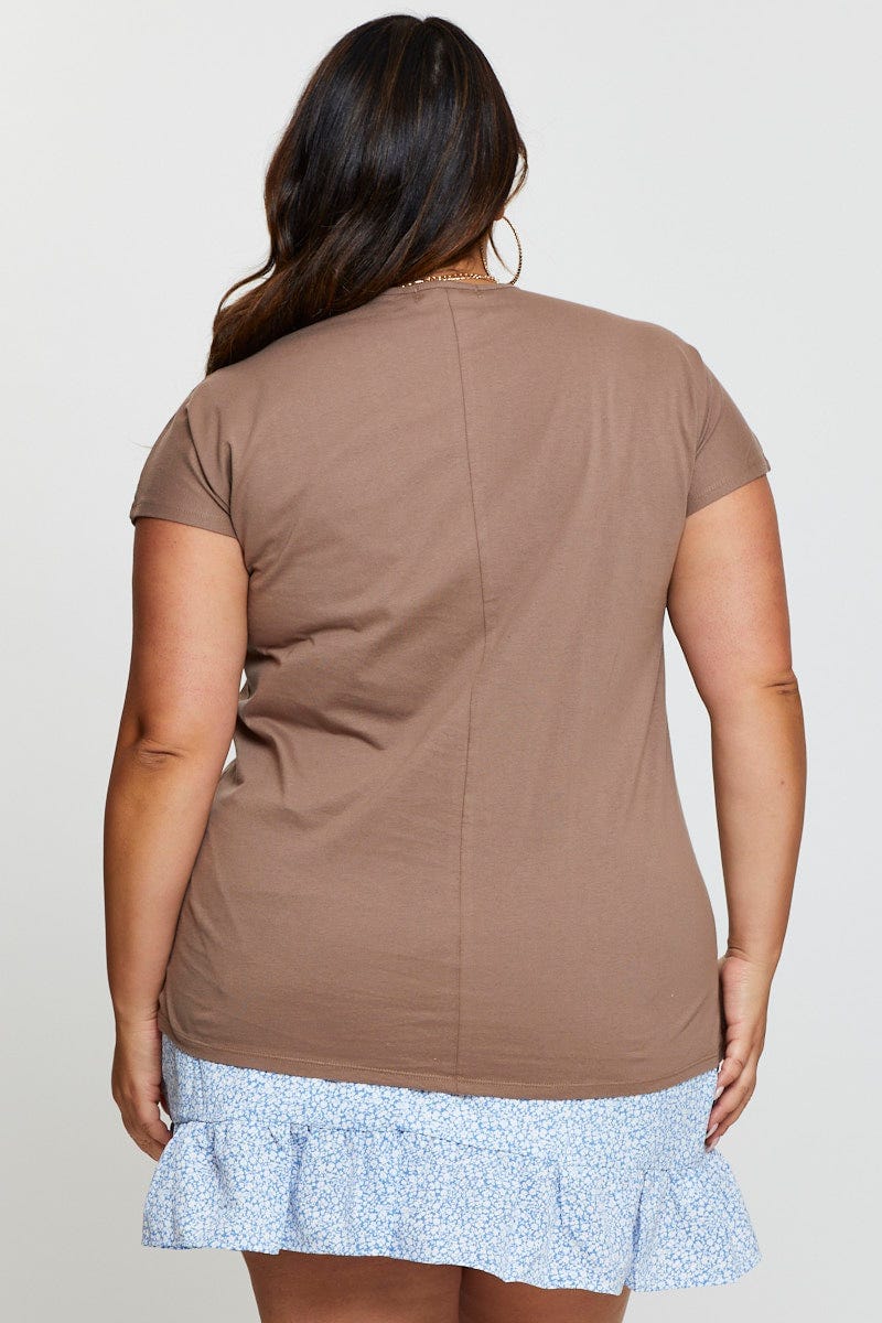 Brown Longline T-Shirt Crew Neck Short Sleeve Cotton for Women by You and All