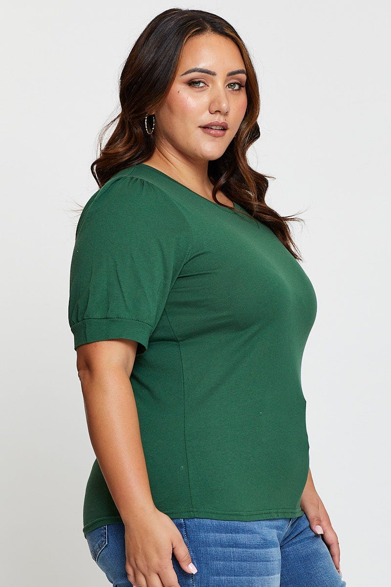 Green Cotton T-Shirt Round Neck Puff Sleeve For Women By You And All