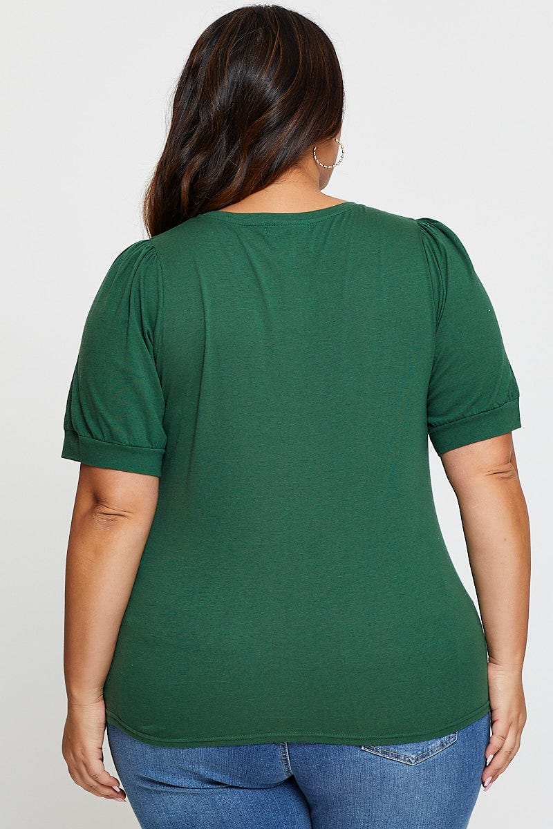 Green Cotton T-Shirt Round Neck Puff Sleeve For Women By You And All