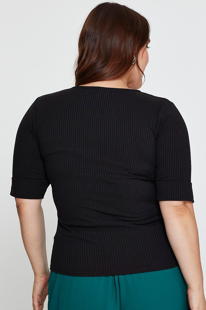 Black Rib T-Shirt Cuff Detail Square Neck Short Sleeve For Women By You And All