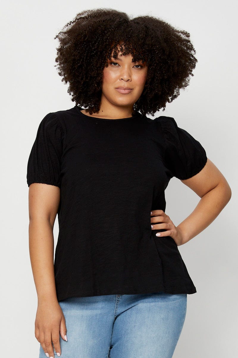 Black Slub T-Shirt Round Neck Puff Sleeve Cotton For Women By You And All