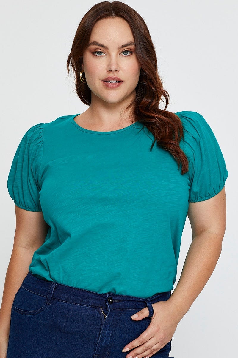 Plus Size Green Slub T-Shirt Round Neck Puff Sleeve Cotton |You + All ...