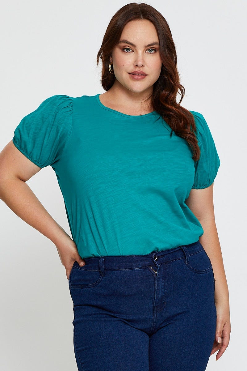 Plus Size Green Slub T-Shirt Round Neck Puff Sleeve Cotton |You + All ...