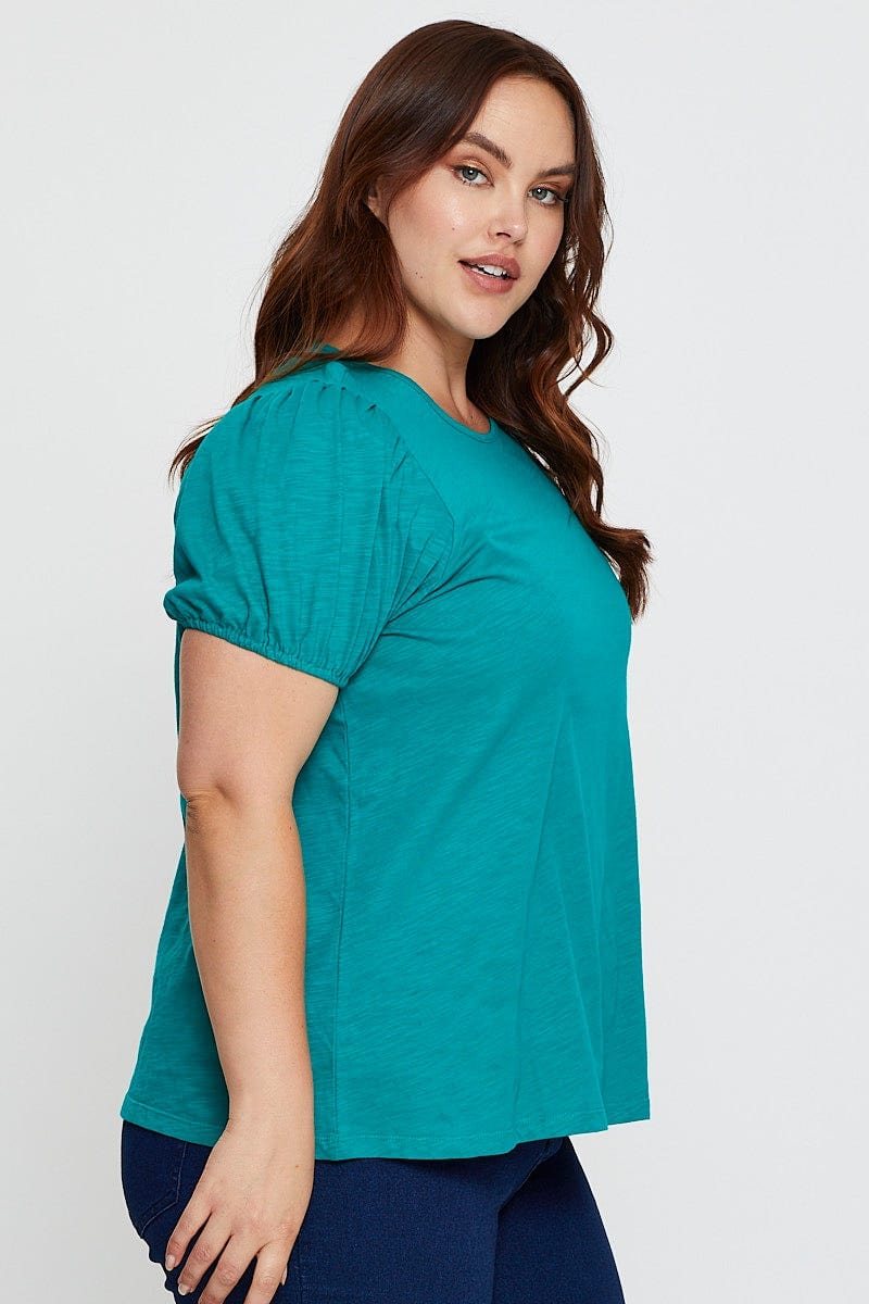 Green Slub T-Shirt Round Neck Puff Sleeve Cotton for Women by You and All