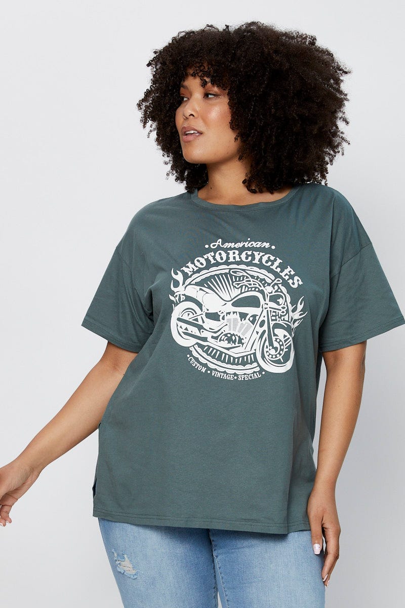 Green Graphic T-Shirt Moto Short Sleeve Cotton For Women By You And All