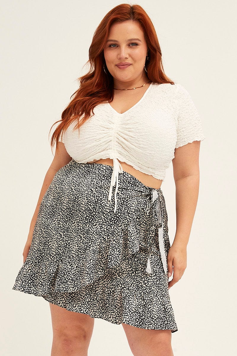 White Crop Top Short Sleeve Textured Lace Drawstring