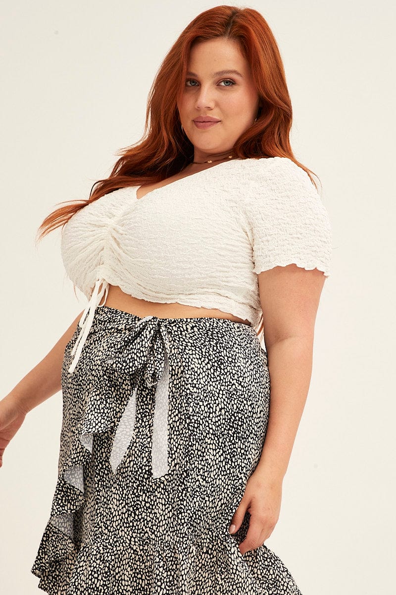 White Crop Top Short Sleeve Textured Lace Drawstring