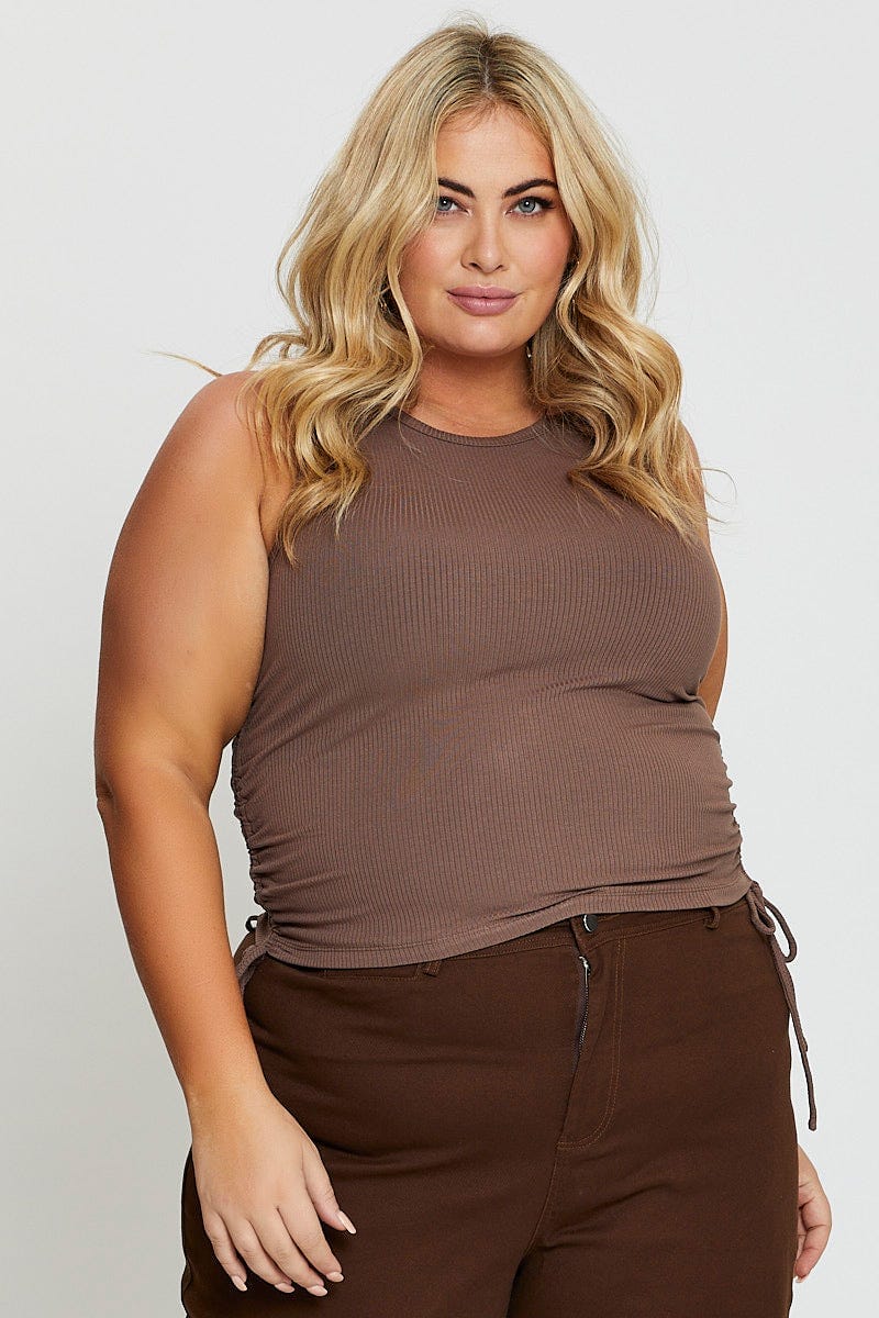 Brown Sleeveless Rib Jersey Drawstring Top for Women by You and All