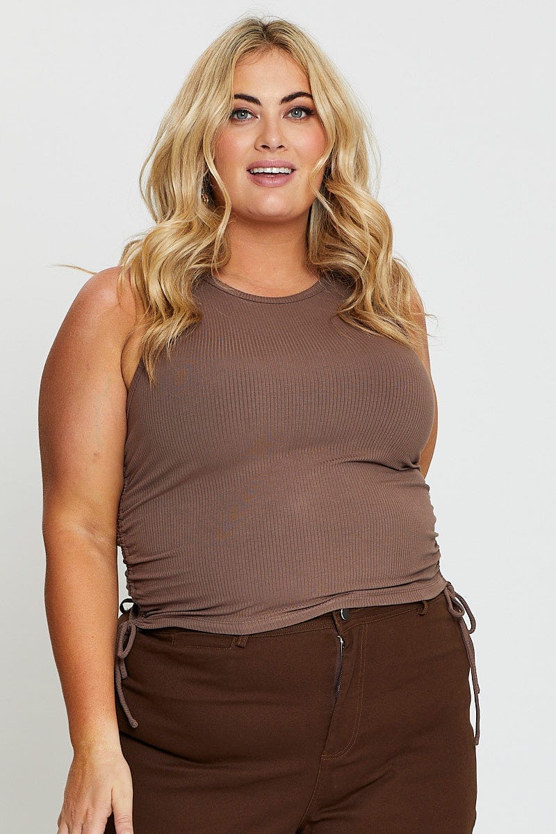 Brown Sleeveless Rib Jersey Drawstring Top for Women by You and All