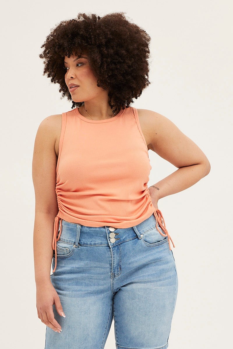 Orange Sleeveless Rib Jersey Drawstring Top for Women by You and All