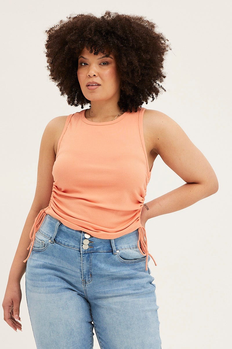 Orange Sleeveless Rib Jersey Drawstring Top for Women by You and All