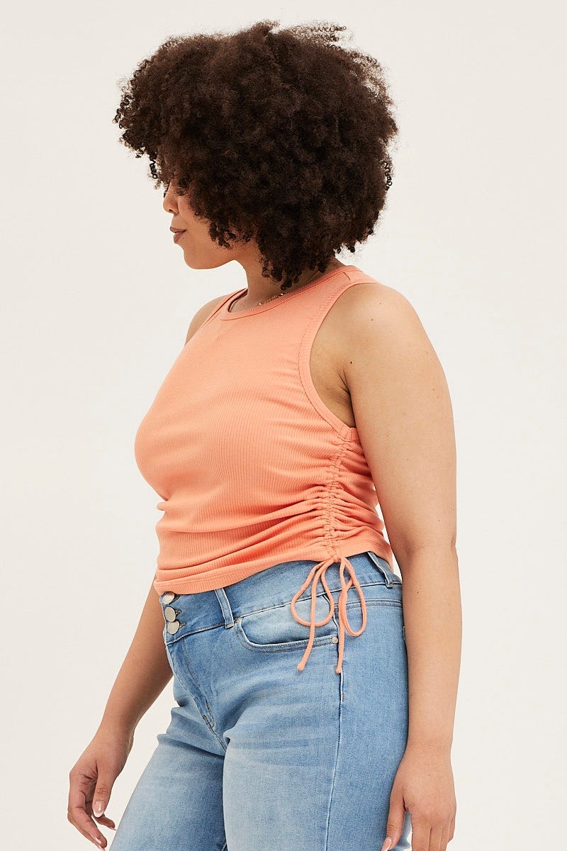 Orange Sleeveless Rib Jersey Drawstring Top for Women by You and All