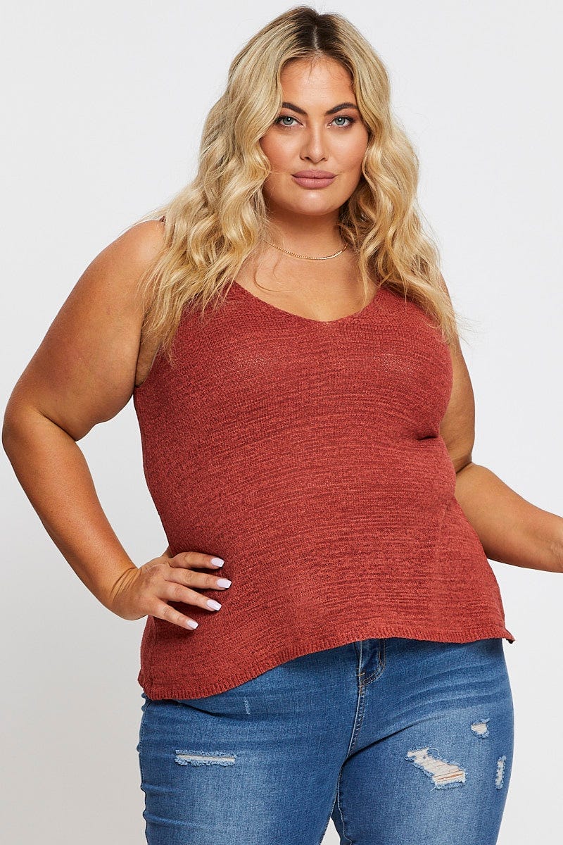 Rust Knit Top V-Neck Sleeveless for Women by You and All