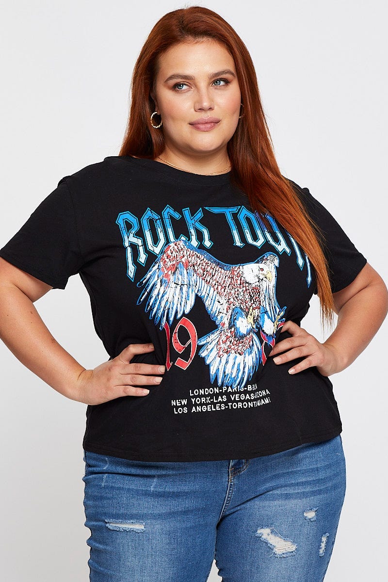 Black Graphic T-Shirt Rock Tour Crew Neck Short Sleeve For Women By You And All