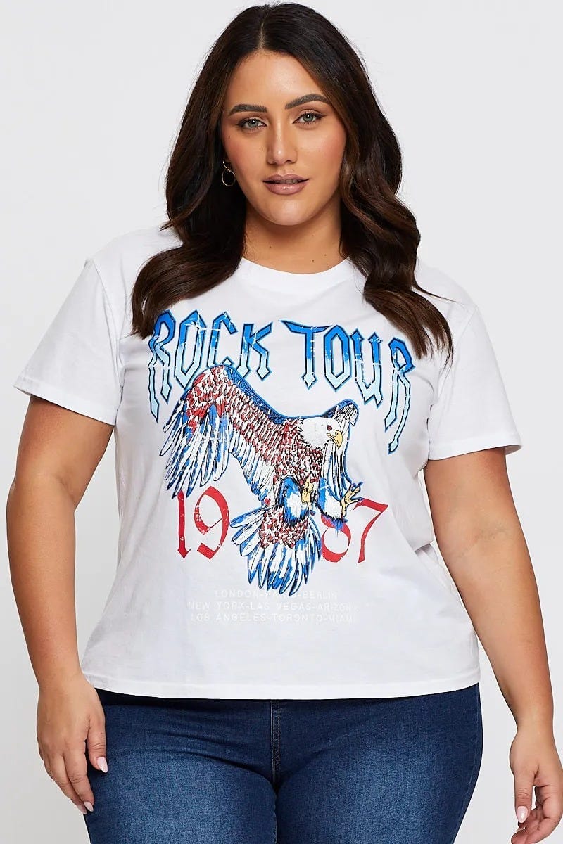 White Graphic T-Shirt Rock Tour Crew Neck Short Sleeve For Women By You And All