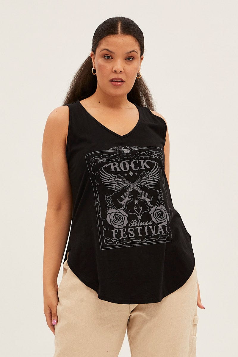 Black Sleeveless Curve Hem Rock Festival Tank Top for YouandAll Fashion