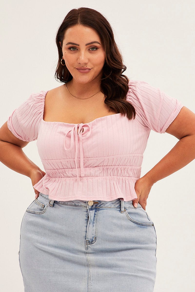 Pink Short Sleeve Rib Jersey Peplum Top for YouandAll Fashion