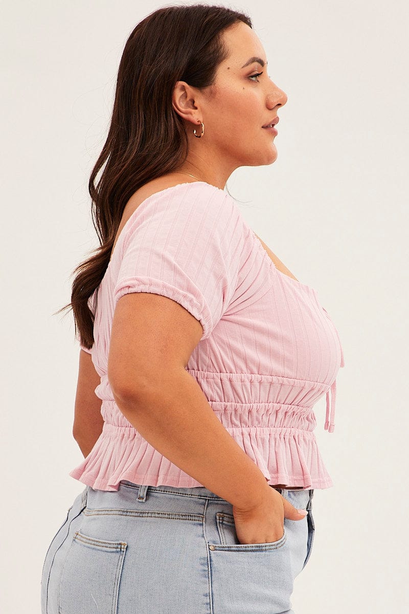 Pink Short Sleeve Rib Jersey Peplum Top for YouandAll Fashion