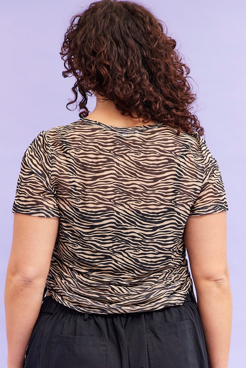 Animal Print Drawstring T-Shirt Short Sleeve Mesh for YouandAll Fashion