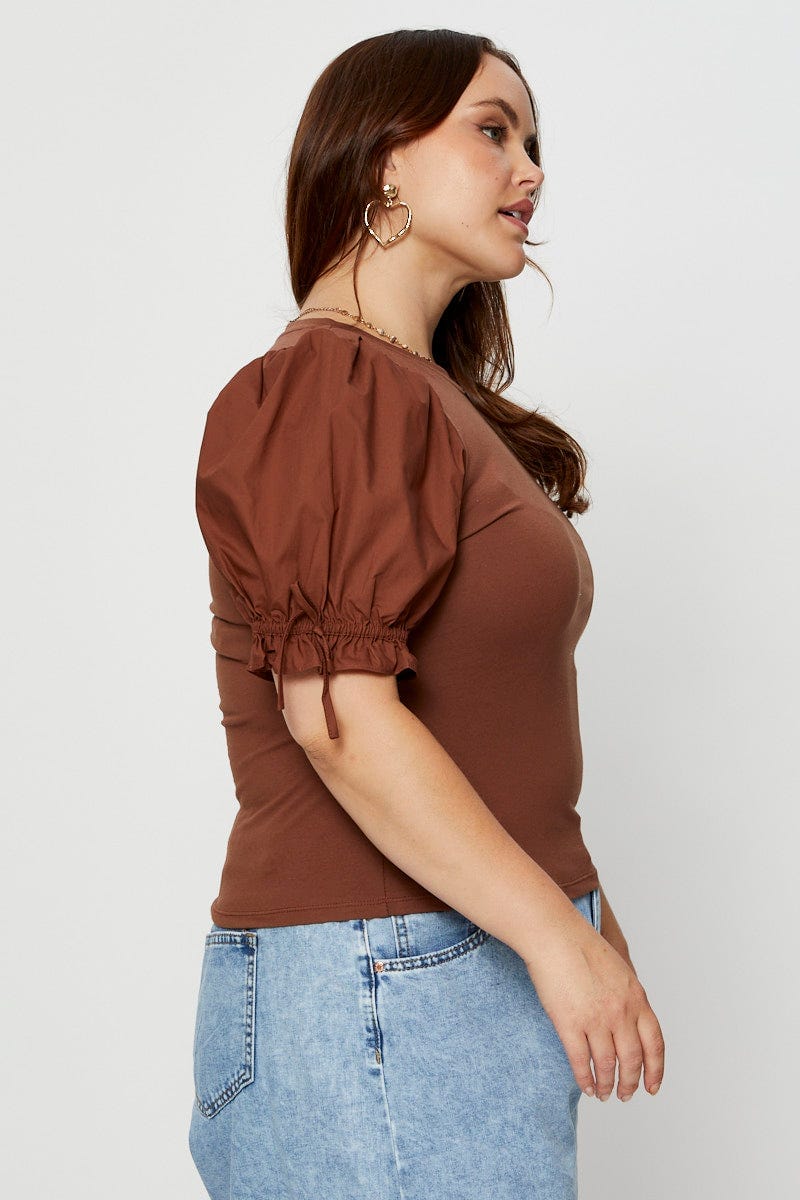 Brown Detail Top Crew Neck Puff Sleeve Cotton Tie for Women by You and All