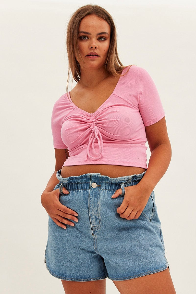 Pink Jersey Top Short Sleeve Drawstring Rib for YouandAll Fashion