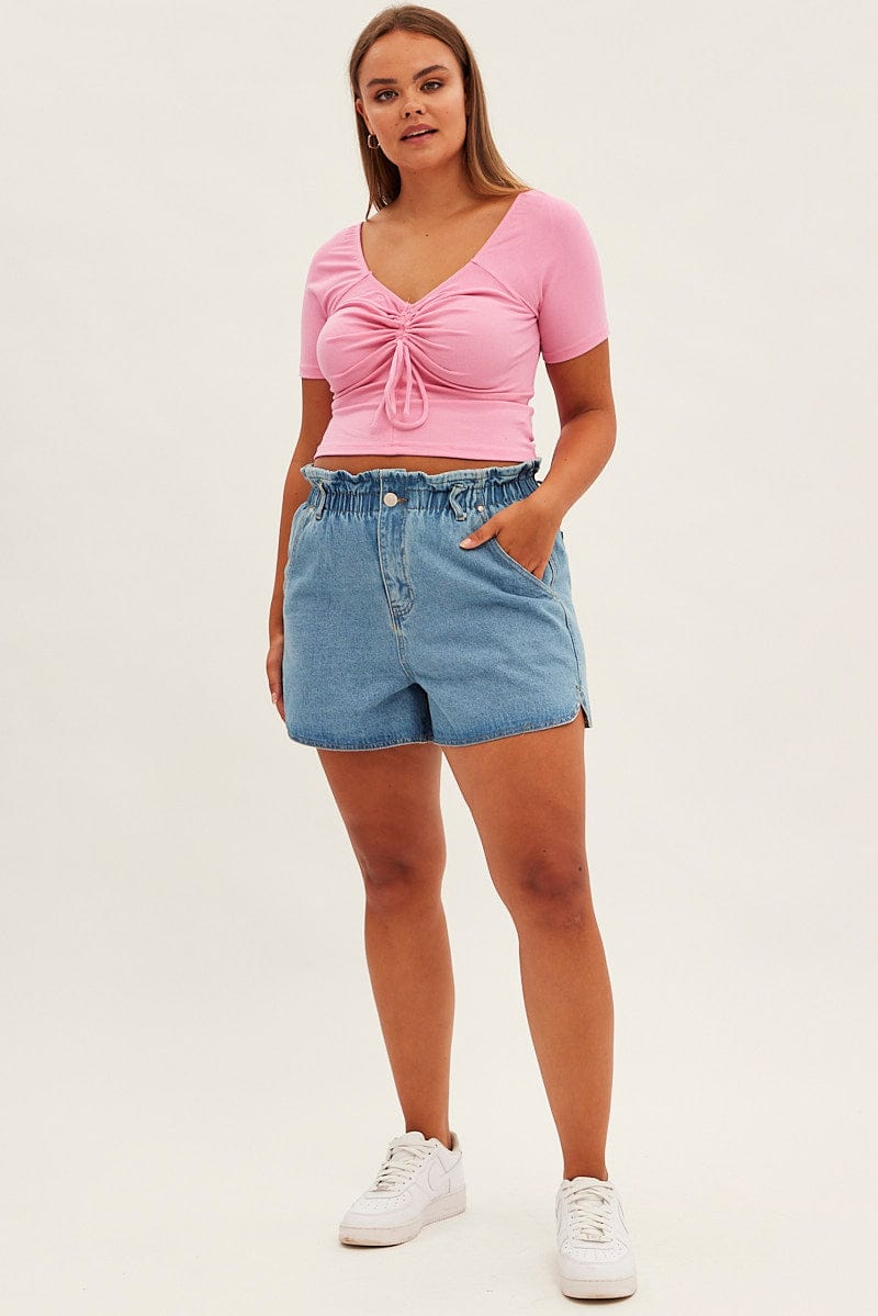 Pink Jersey Top Short Sleeve Drawstring Rib for YouandAll Fashion