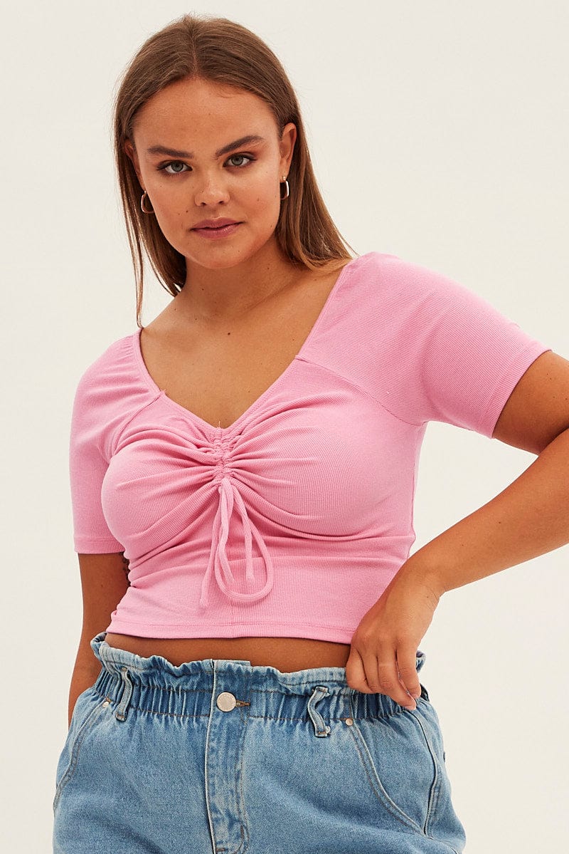 Pink Jersey Top Short Sleeve Drawstring Rib for YouandAll Fashion