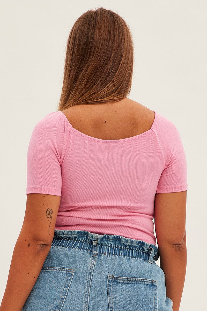 Pink Jersey Top Short Sleeve Drawstring Rib for YouandAll Fashion