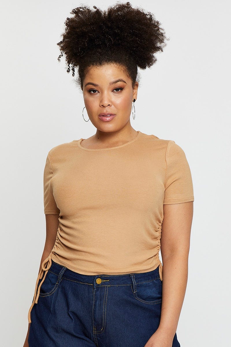 Plus Size Beige Short Sleeve Oatmeal Drawstring Side Top | You + All ...