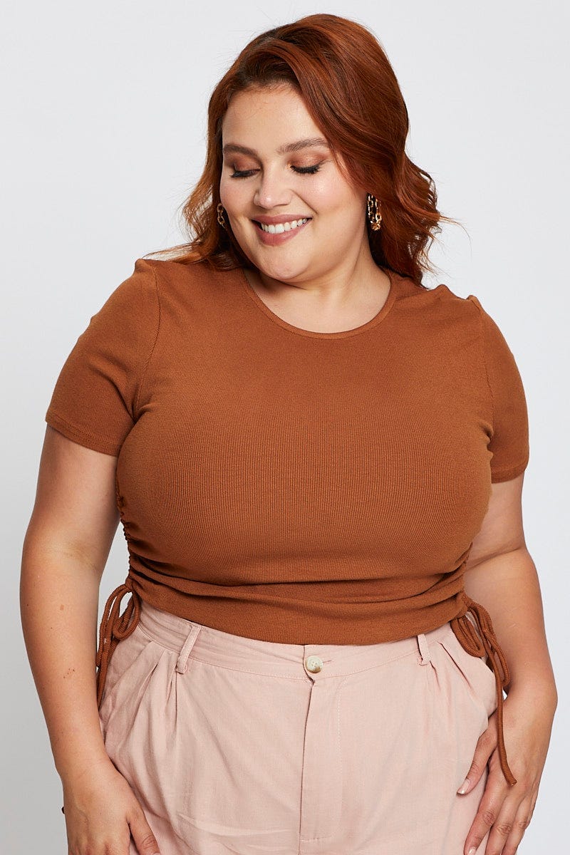 Plus Size Brown Short Sleeve Drawstring Side Top |You + All | Shop ...